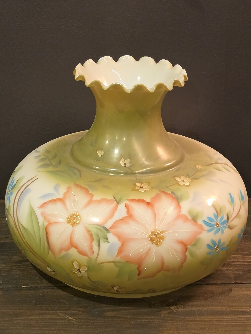 Vtg Hand Painted Milk Glass Hurricane Lamp Shade 10" Fitter Ruffle Top Floral